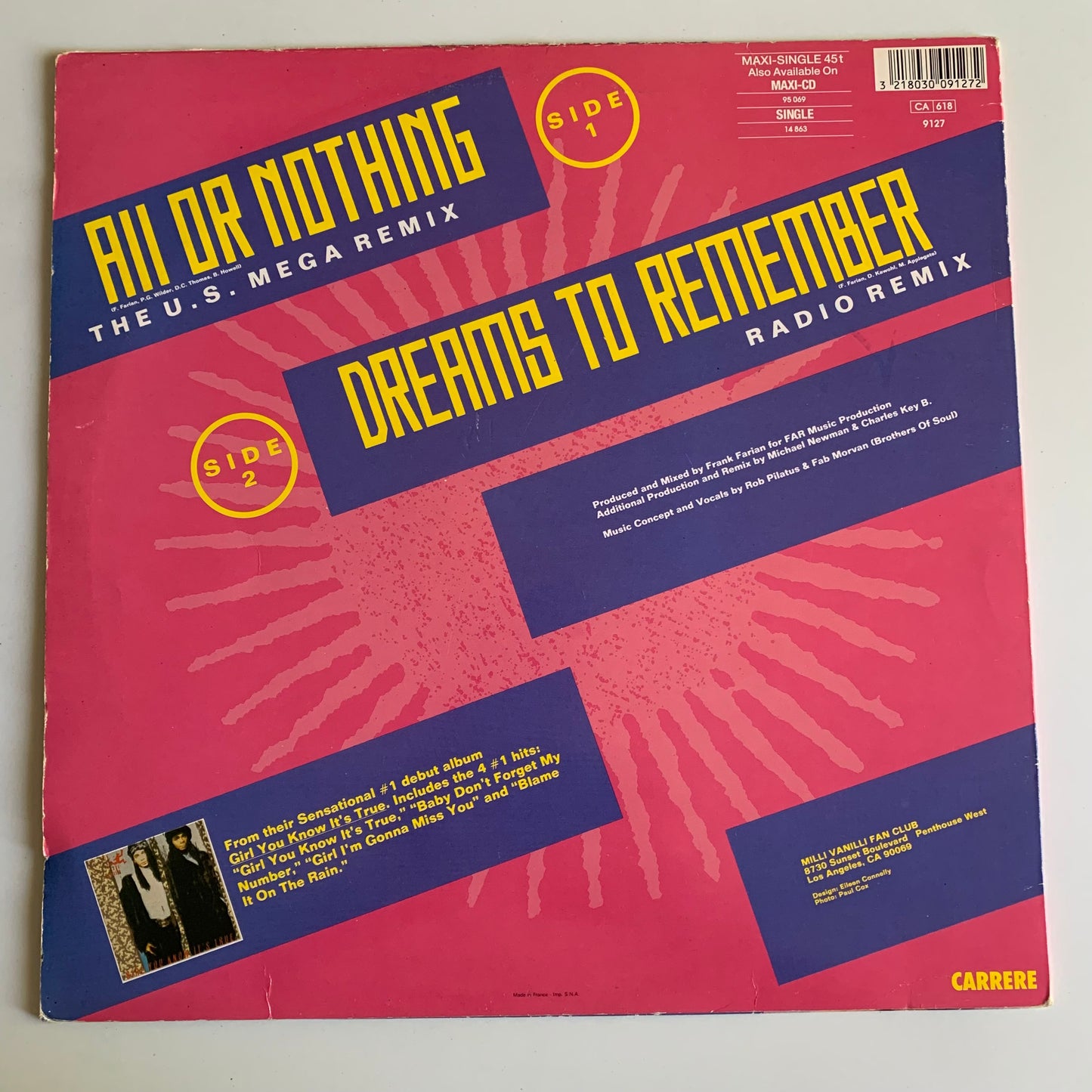 Milli Vanilli - All Or Nothing - Maxi 45t. 1990 Occasion