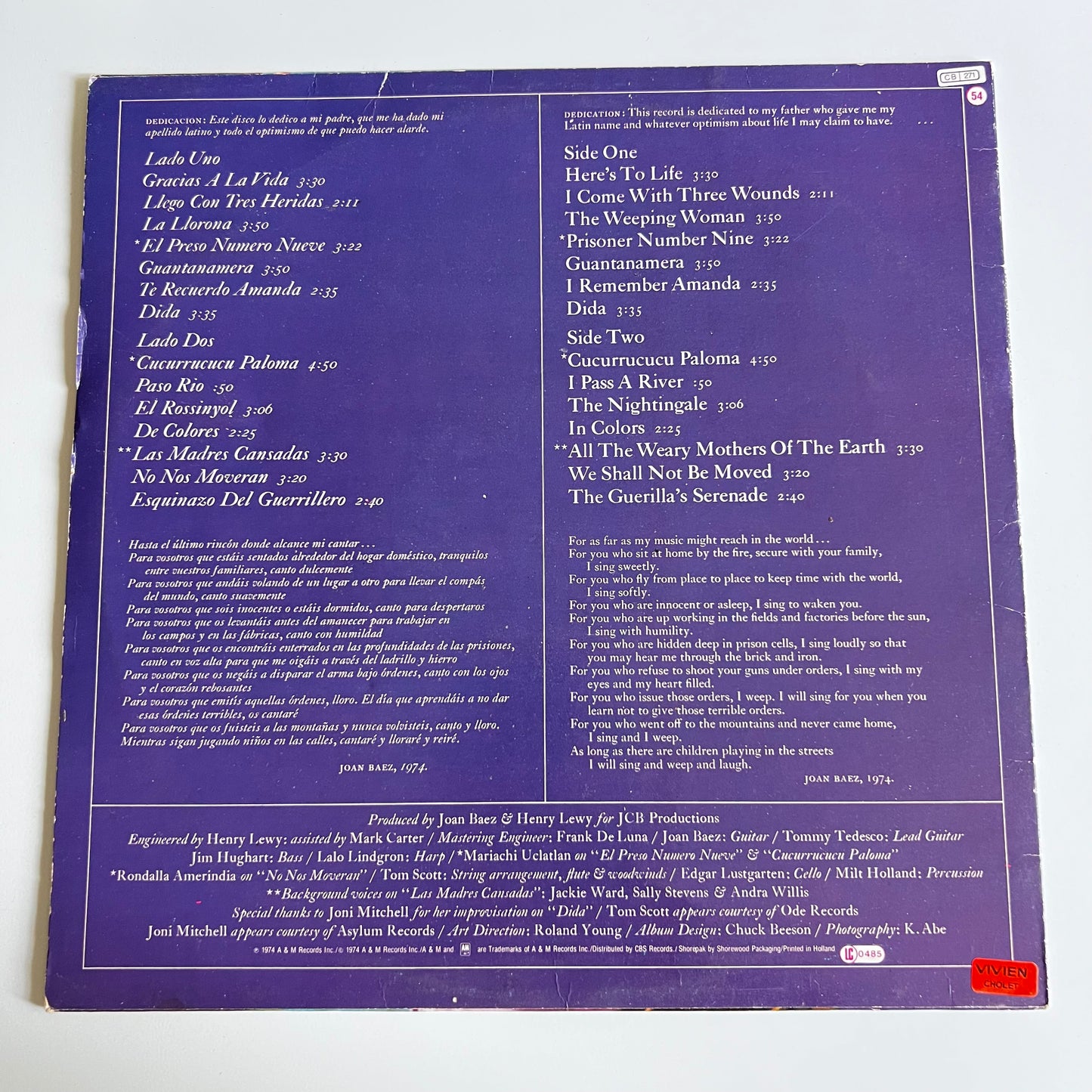 Joan Baez - Gracias A La Vida / Here's To Life - LP