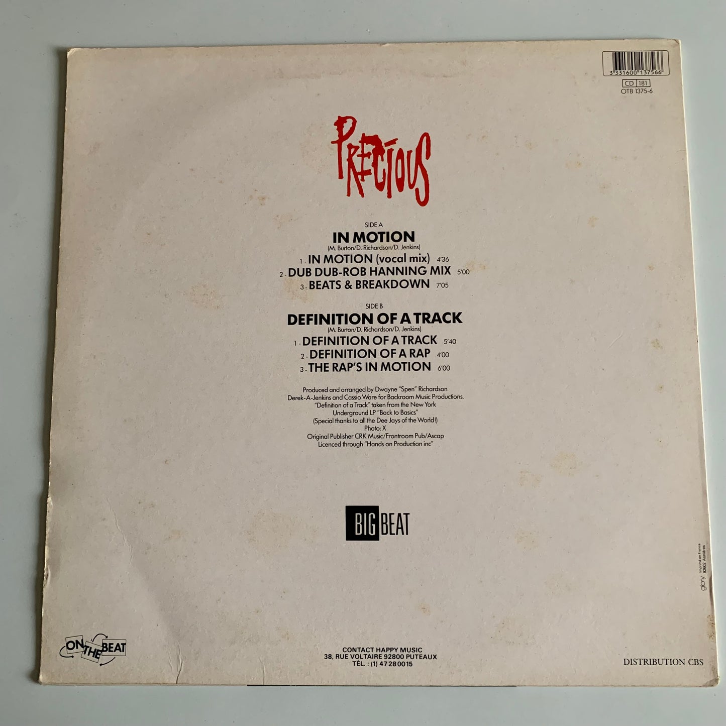 Precious - In Motion / Definition Of A Track - LP 1989 Occasion