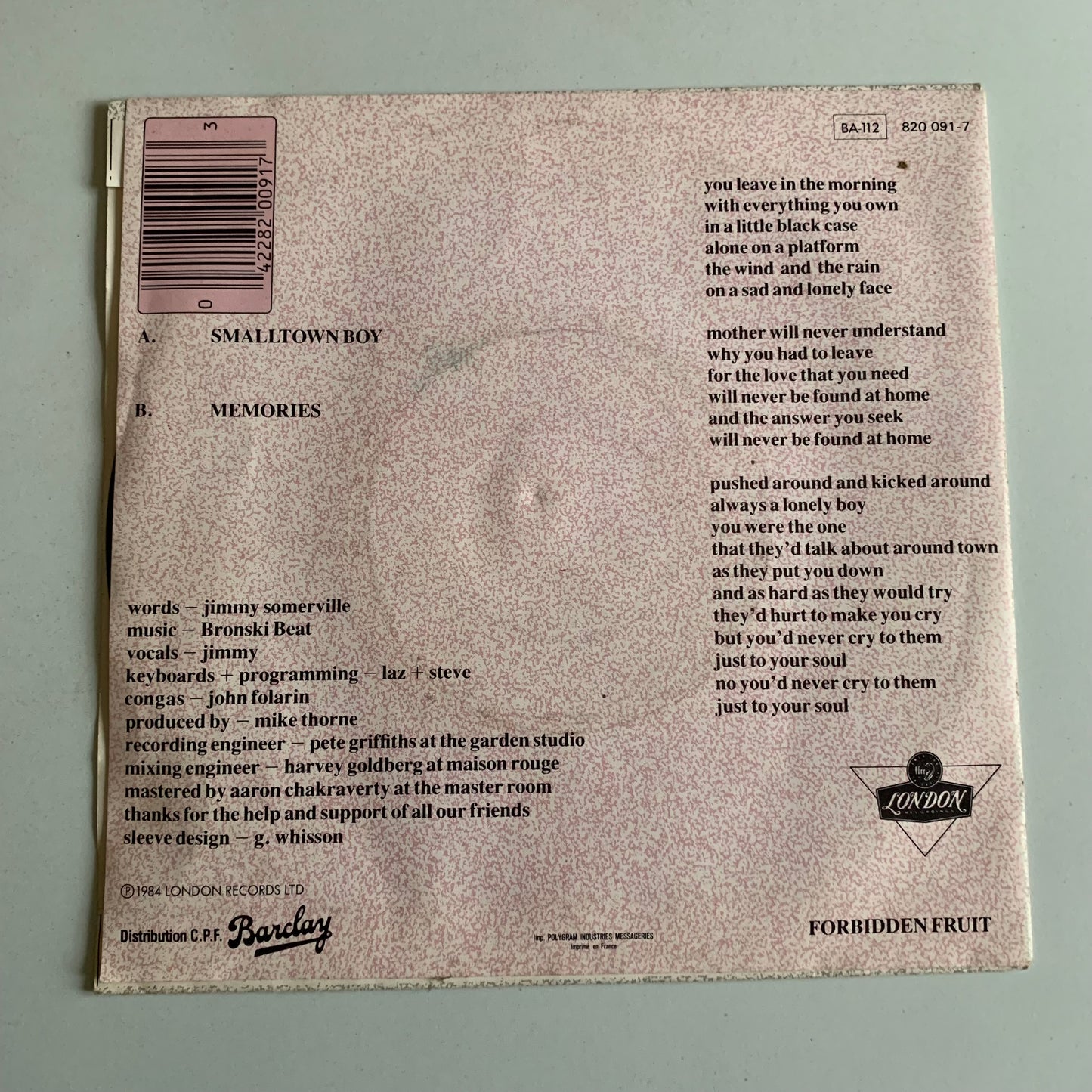 Bronski Beat - Smalltown Boy - Single 1984 Occasion