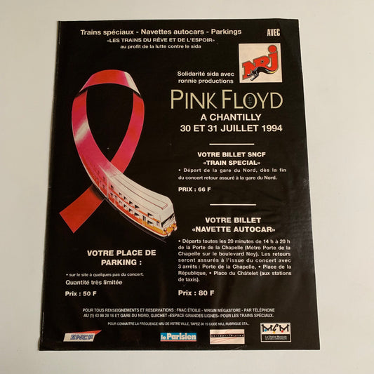 Affiche Originale Pink Floyd - Concert Chantilly 1994 - Page de Magazine 30x23cm