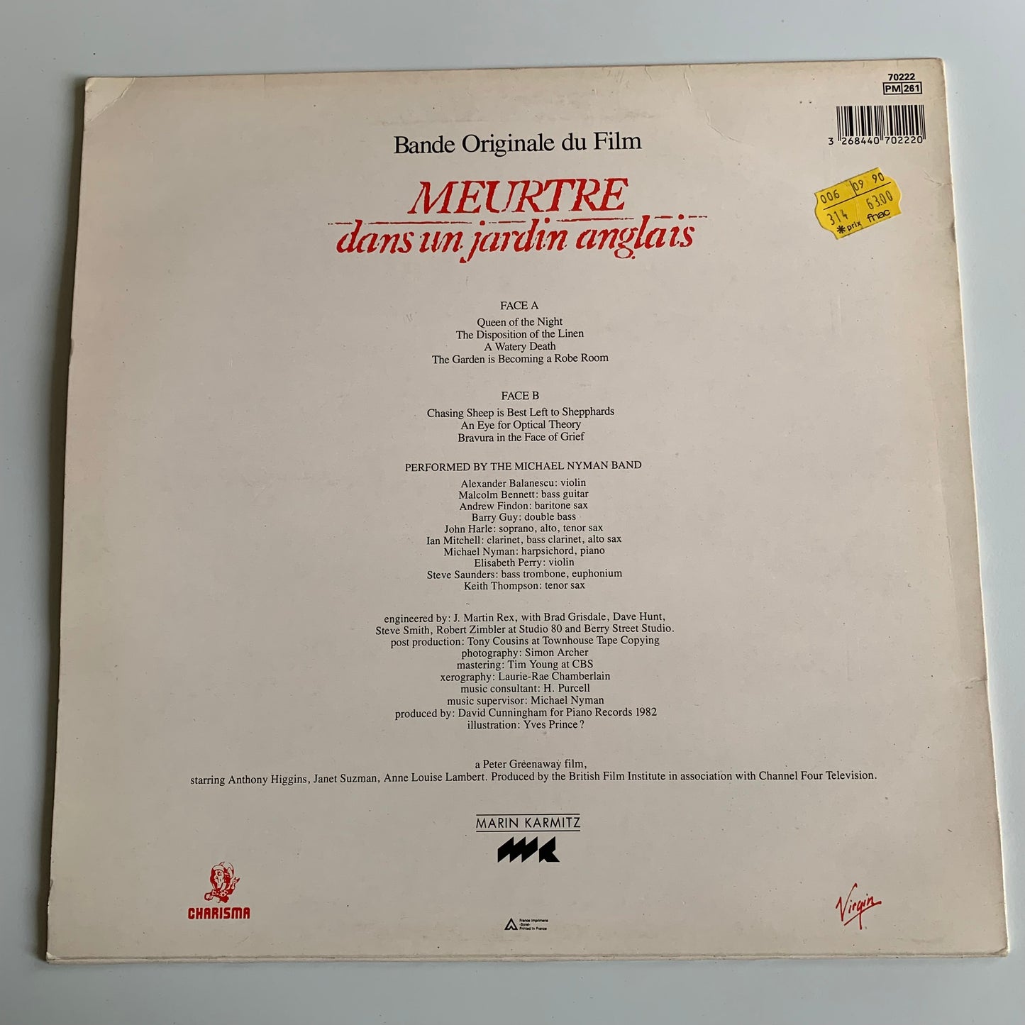 Michael Nyman - Meurtre Dans Un Jardin Anglais (Bande Originale Du Film) - LP 1984 Occasion