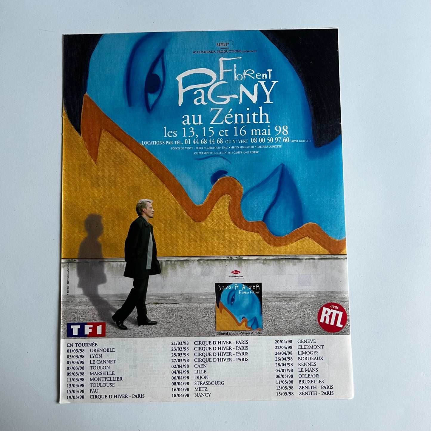 Affiche Originale Concert Florent Pagny 1998 - Page de Magazine 30x23cm