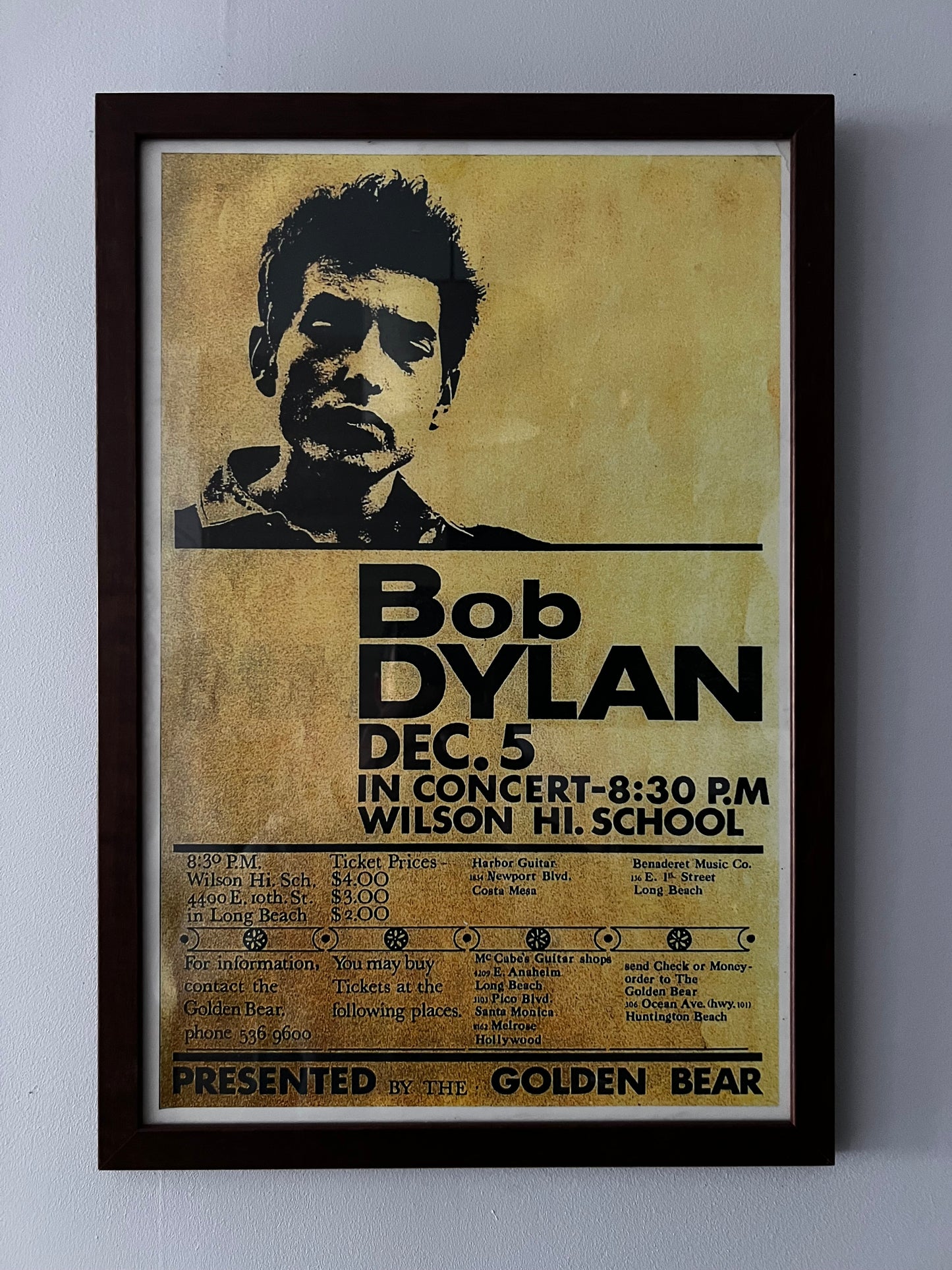Affiche Originale Bob Dylan (Encadrée) - Concert Wilson Hi. School 1964