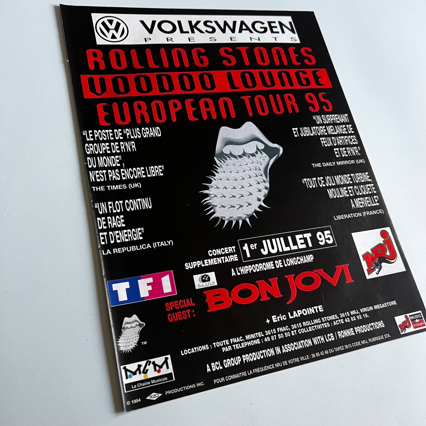 Affiche Originale Concert 1995 The Rolling Stones - Bon Jovi - Page de Magazine 30x23cm